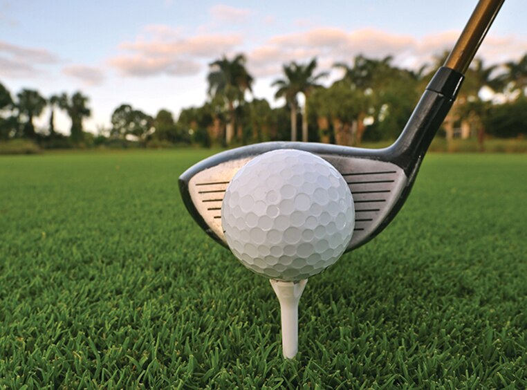 A golf driver lined up against a teed-up golf ball on the green.